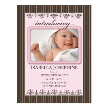 Classy Pinstripe Pink Baby Announcement Postcard