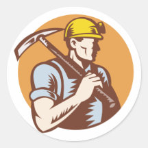 Coal miner at work with pick axe round sticker