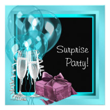 Cocktail Balloon Teal Blue Surprise Birthday Party Invitation