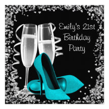 Cocktails High Heels Black Teal 21st Birthday Invitations
