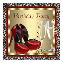Cocktails Red High Heel Shoes Leopard Birthday Personalised Invites