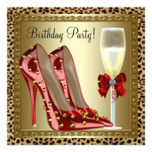 Cocktails Red High Heel Shoes Leopard Birthday Personalized Invites