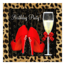 Cocktails Red High Heel Shoes Leopard Birthday Custom Invitations