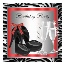 Cocktails Red High Heel Shoes Red Zebra Birthday Personalised Invitations