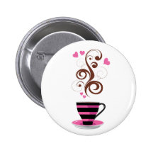 Coffee Cup Steam Swirls Hearts Pink Black Brown