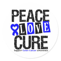 Colon Cancer Peace Love Cure Round Sticker