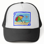 Colorful Beach Scene of Ocean, Sun & Umbrella Trucker Hat