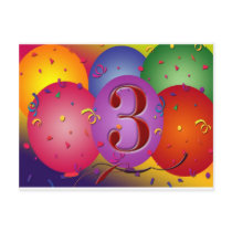 Colourful 3rd birthday balloon postcard