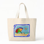 Colourful Beach Scene of Ocean, Sun & Umbrella bags