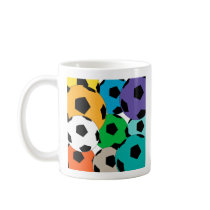Colourful cluster of soccer balls mug