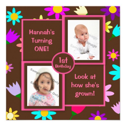 Colourful Flowers on Brown Photo First Birthday Personalized Announcements