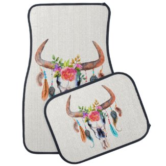 Colourful Illustration Of Bull Skull With Horns Floor Mat