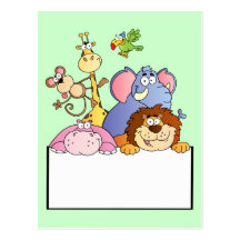 colourful JUNGLE ANIMALS sign board cartoon funny Postcard
