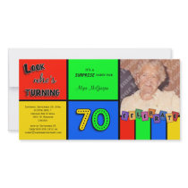 Colourful Look Whos Turning 70 Birthday Invite Customized Photo Card