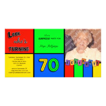 Colourful Look Whos Turning 70 Birthday Invite Customized Photo Card