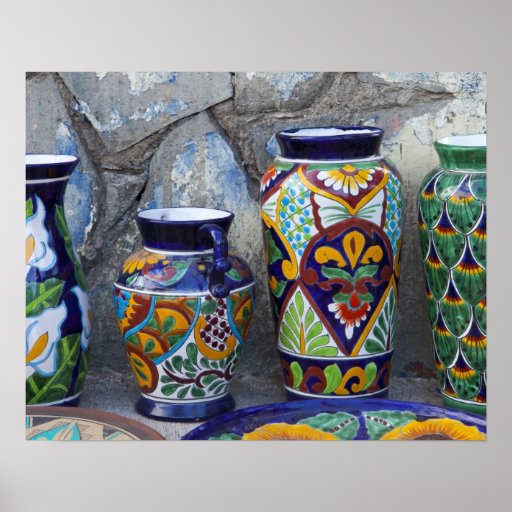 Colourful pottery for sale in downtown Loreto, Posters