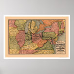 Colourful Railroad Map 1874 Print