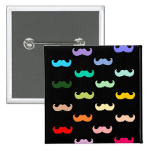 Colourful Rainbow Moustache pattern on black Pinback Buttons