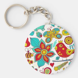 Colourful Retro Birds Flowers Pattern Basic Round Button Key Ring