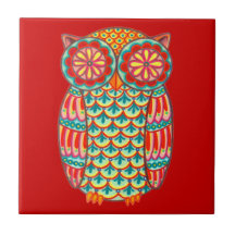 Colourful Retro Owl Ceramic Tile