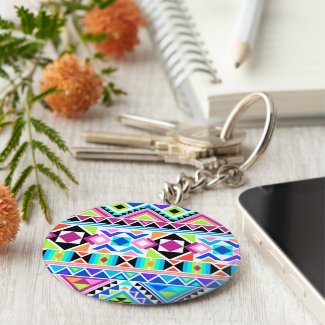 Colourful Tribal Pattern Basic Round Button Key Ring