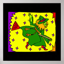 Colourful witch on broom posters