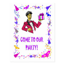 Come to our party, boy with a parcel postcards
