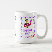Come to our party, boy with parcel mugs