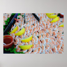 Cooked Shrimp And Lemon Wedges Posters