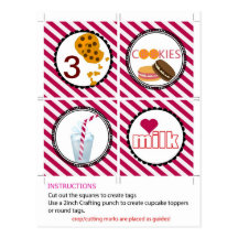 cookies and milk cupcake toppers and tags post cards