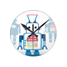 Cool Blue Robot Gifts Novelties Round Wallclock