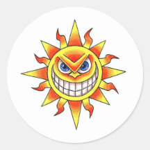 Cool cartoon tattoo symbol evil smiling SUN face Round Sticker