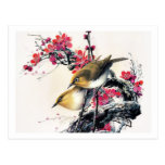 Cool chinese beautiful brown bird red cherry tree postcards