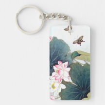 cool chinese lotus leaf pink flower butterfly art rectangular acrylic keychain