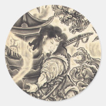 Cool classic vintage japanese demon ink tattoo round sticker