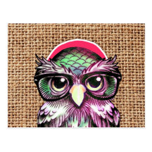 Cool  Colourful Tattoo Wise Owl With Funny Glasses Postcard