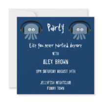 Cool & Funky blue Jellyfish DJ party invitations
