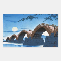 Cool japanese great bridge waterscape night moon rectangle stickers