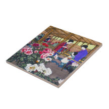 Cool japanese oriental flower garden people scene ceramic tile