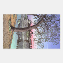 Cool oriental japanese sunset watercolour painting rectangular sticker