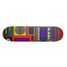 Cool retro electronics jumble in yellow on red skate boards