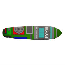 Cool retro electronics jumble on green custom skateboard