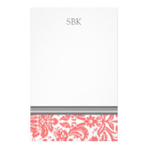 Coral Damask Custom Monogram Stationery