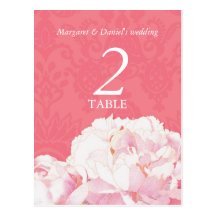 Coral Damask Peony Wedding Table Number Postcards