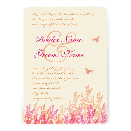 Coral & Fuchsia Flower Bees Wedding Invites