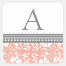 Coral Grey Damask Monogram Envelope Seal Square Stickers