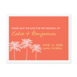 Coral palm trees summer wedding chic save the date postcards