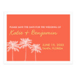 Coral palm trees summer wedding chic save the date postcard