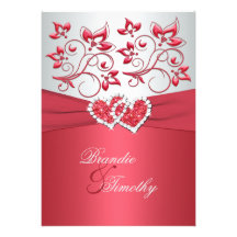 Coral Pink and Grey Floral Hearts Wedding Invite