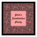 Coral Pink Black Greek Key Grad Party Invitation